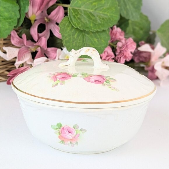 Antique Porcelain Butter Dish 1900s Pink Roses Gold Trim w/Lid and Drip Insert - Picture 2 of 10